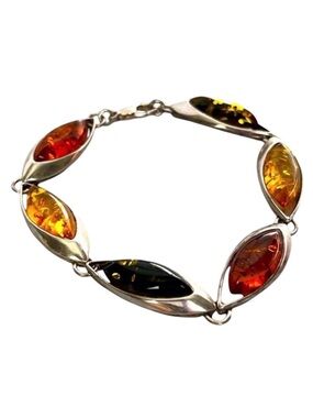 Vintage V8 925 POLAND Amber and Sterling Silver Bracelet. Pre Owned